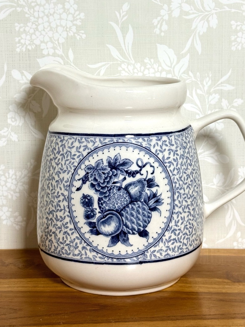 Vintage Blue and White Asake Ceramic Pitcher with Fruit Design